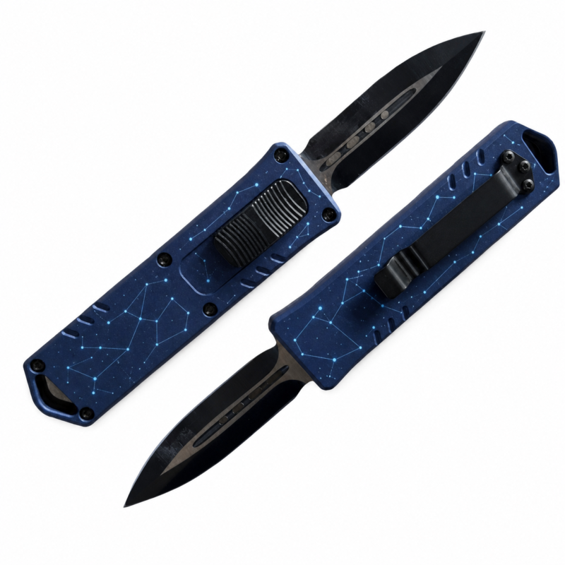 Midnight Navy Ice Blue Constellations OTF automatic knife front and rear views with black spear-point blade