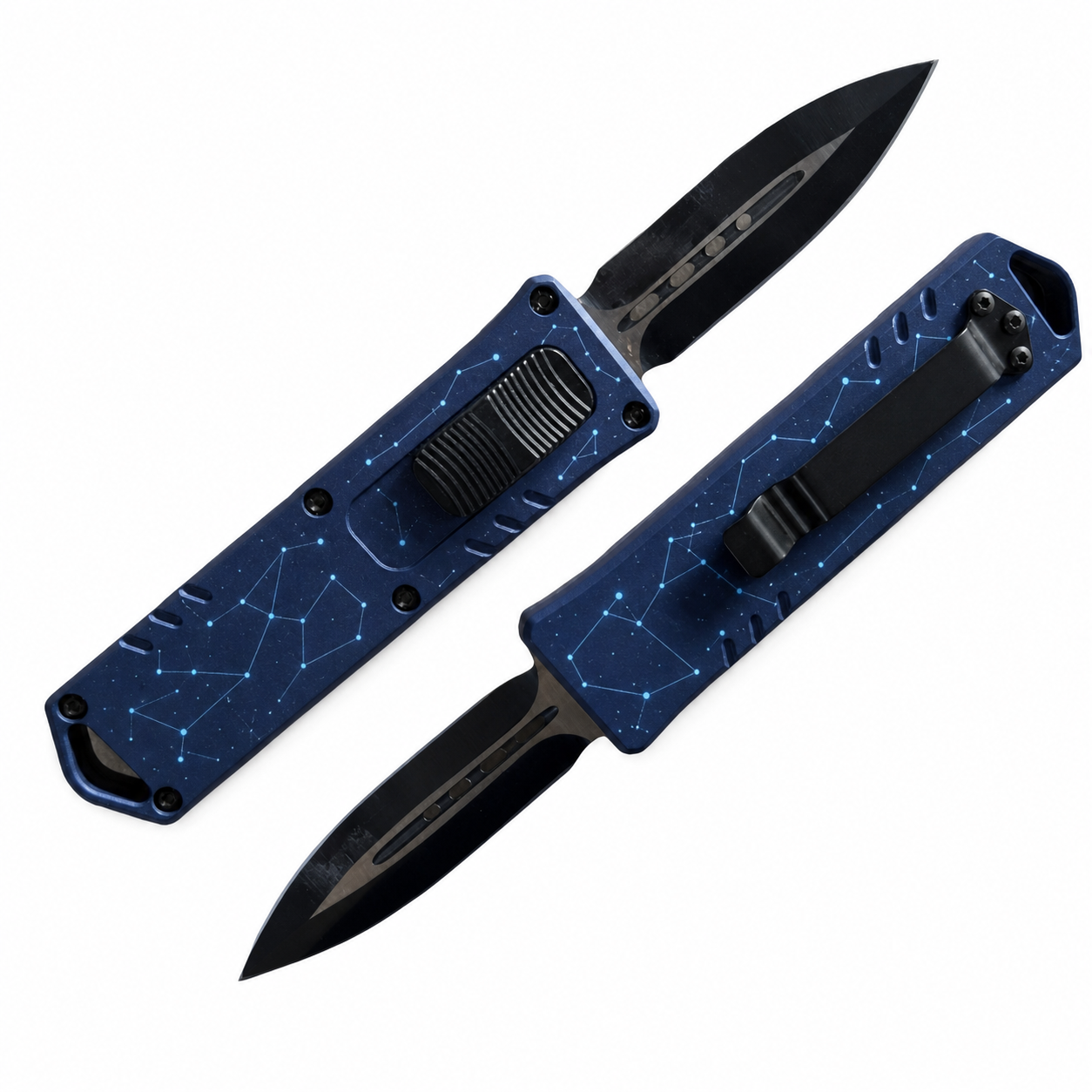 Midnight Navy Ice Blue Constellations OTF Automatic Knife Midnight Navy Ice Blue Constellations OTF automatic knife front and rear views with black spear-point blade