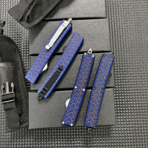 Royal Blue Apricot Wave Grid angular diamond-panel OTF automatic knife with matching handle scales