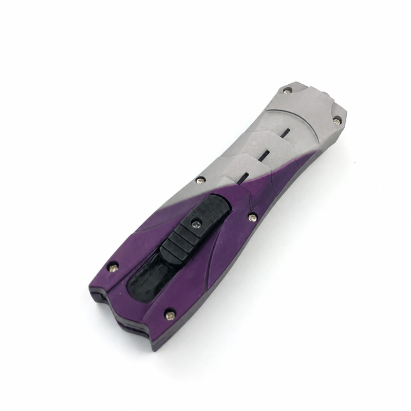 Silver Aubergine Diagonal Dip sculpted-handle OTF automatic knife shown closed on white