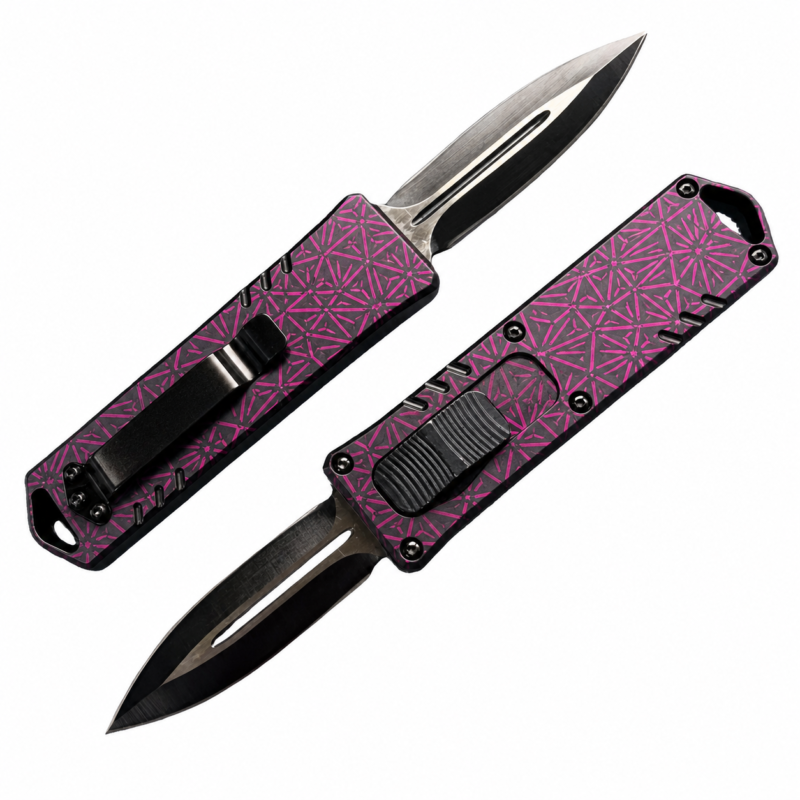 Graphite Fuchsia Quasicrystal Tiles OTF automatic knife front and rear views with spear-point blade