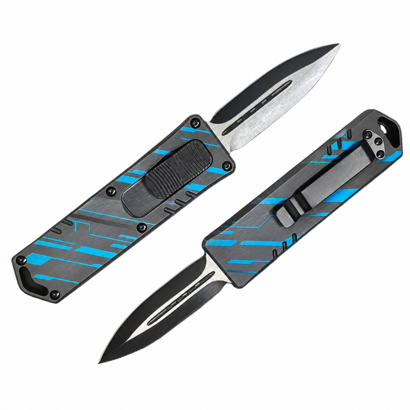 Gunmetal Cyan Broken Stripes OTF automatic knife front and rear views with spear-point blade