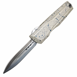 Ivory Charcoal Cobalt Splatter aluminum alloy OTF automatic knife open on white