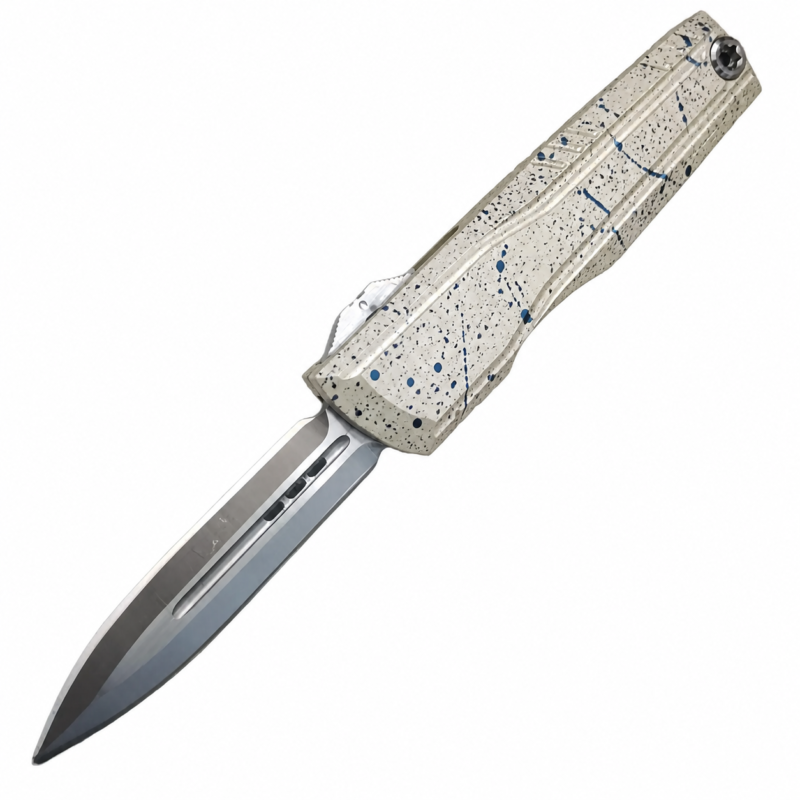Ivory Charcoal Cobalt Splatter aluminum alloy OTF automatic knife open on white