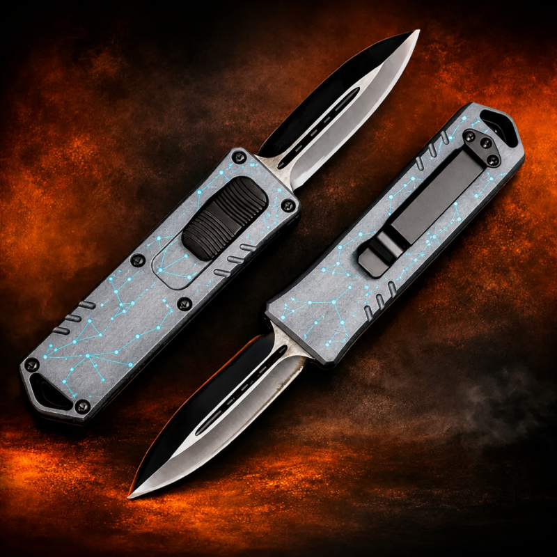Silver Turquoise Constellation Dots double-action OTF automatic knife pair on fiery background