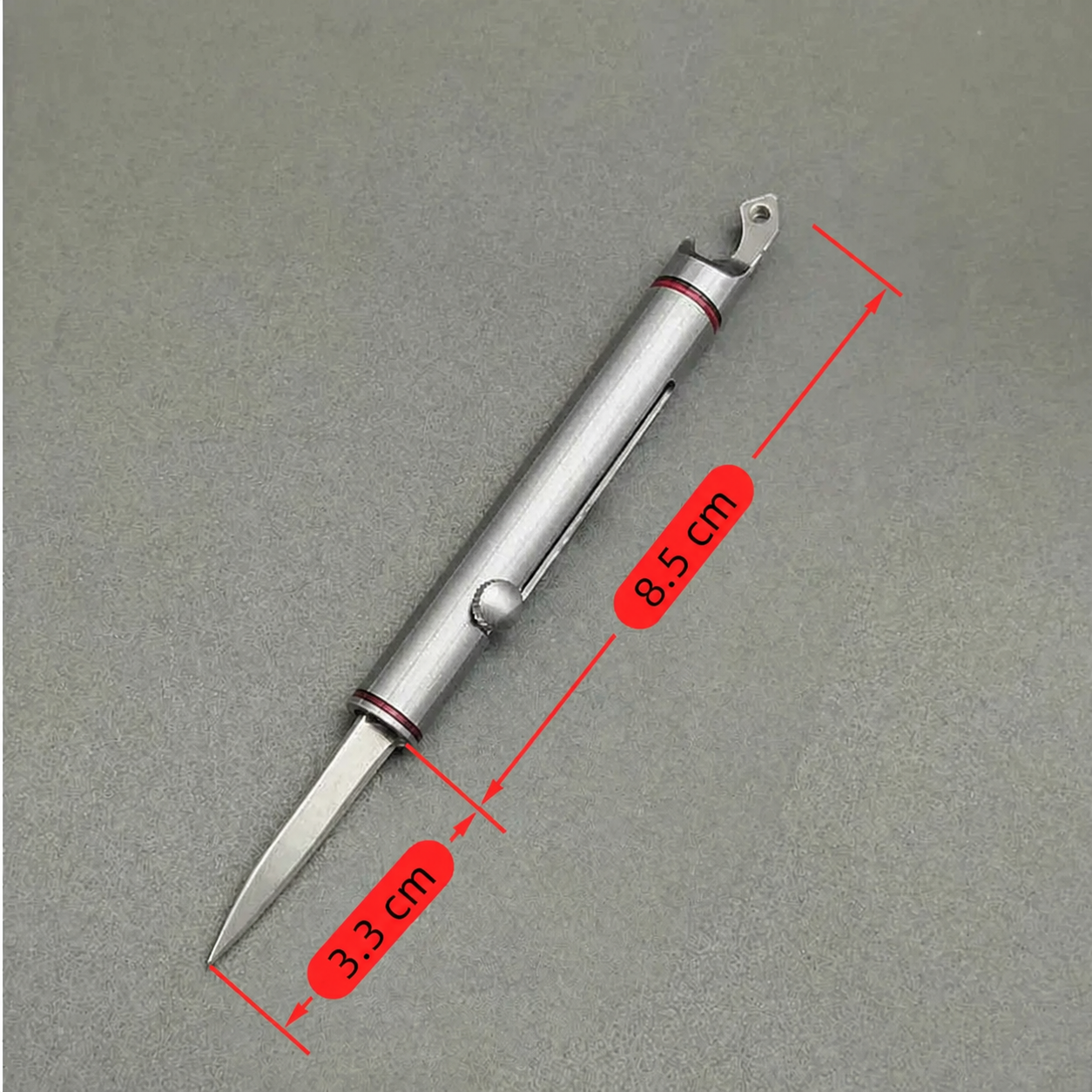 Titanium Black Red Rings Pen-Style OTF Automatic Knife Titanium Black Red Rings pen-style OTF automatic knife with cylindrical housing and side button