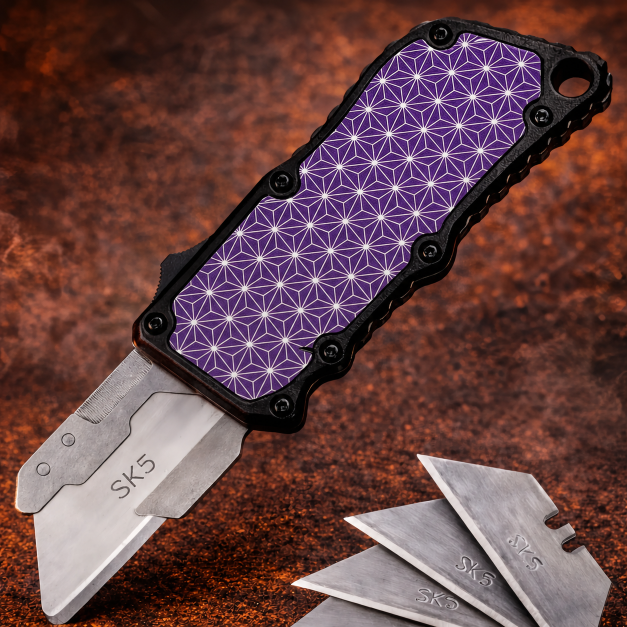 Violet White Starburst Tiles OTF Utility Knife Violet White Starburst Tiles OTF utility knife with trapezoid blade and black frame