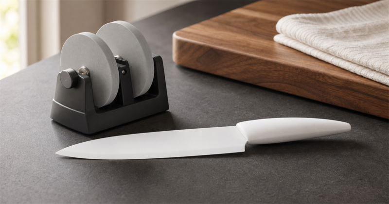 Affilatore diamantato per coltello in ceramica su un piano di lavoro