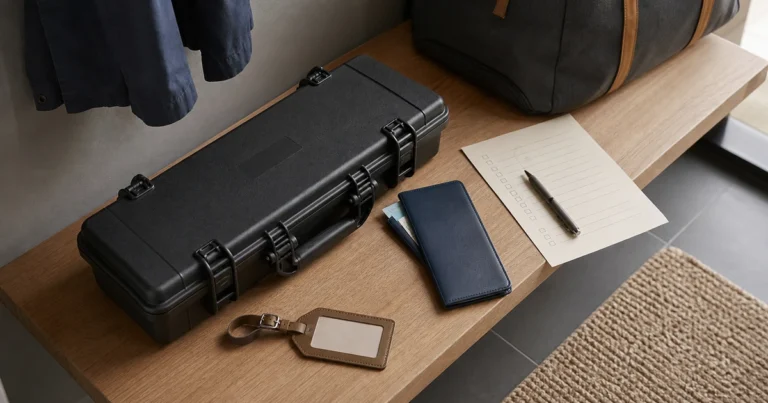 Closed hard-sided storage case prepared beside travel planning items.
