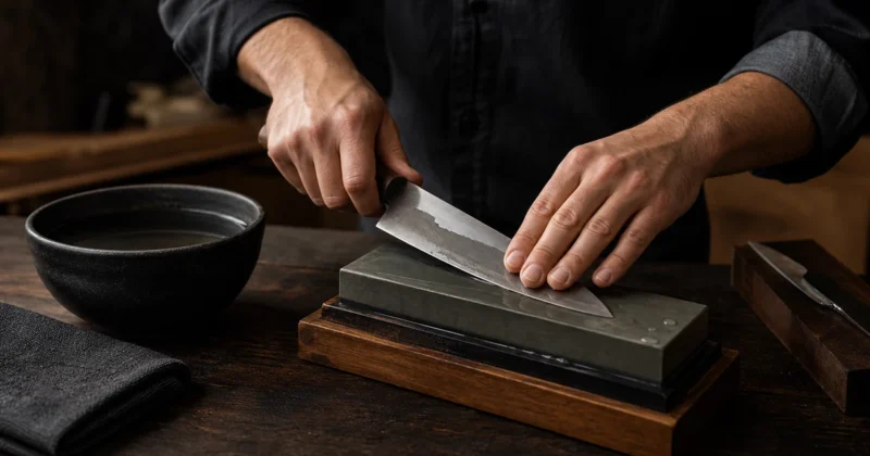 Coltello da cucina su una pietra per affilare
