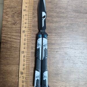 Skull Graphic Butterfly Knife with Black Blade