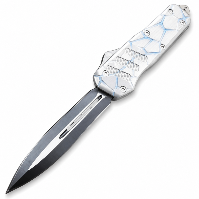 Arctic Silver Ice Fracture Black Phantom Large Dual-Action OTF Knife full-handle product view