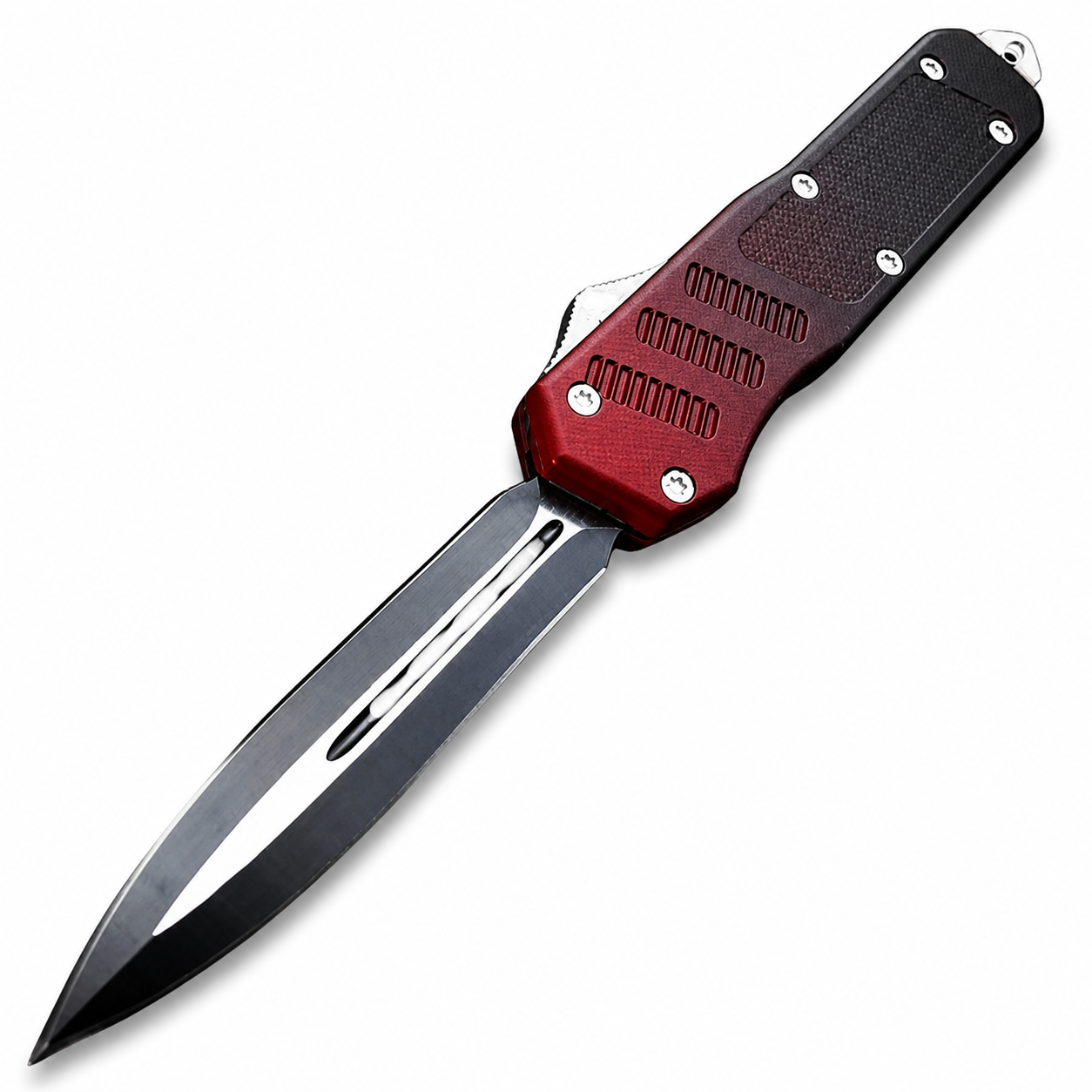 Crimson Black Gradient Matrix Black Phantom Large Dual-Action OTF Knife Crimson Black Gradient Matrix Black Phantom Large Dual-Action OTF Knife full-handle product view