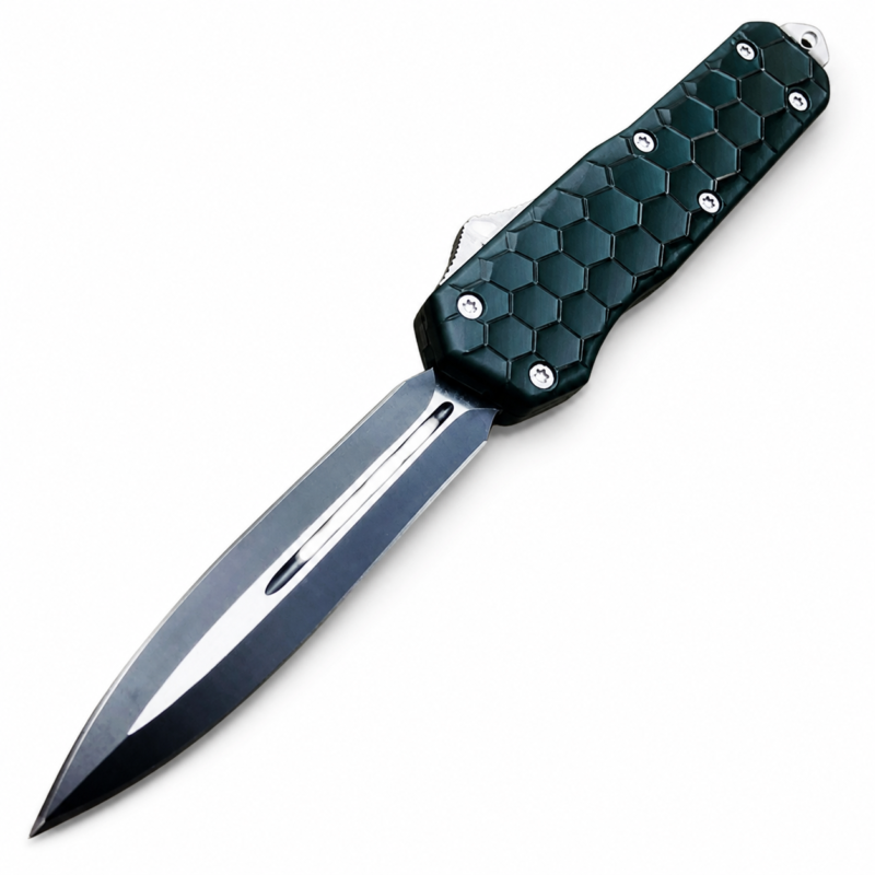 Teal Black Hex Black Phantom Large Dual-Action OTF Knife full-handle product view