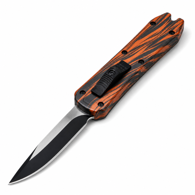 Orange Graphite Tiger Mini Coffin OTF Knife full-handle product view