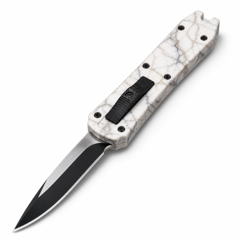 White Gold Marble Mini Coffin OTF Knife full-handle product view
