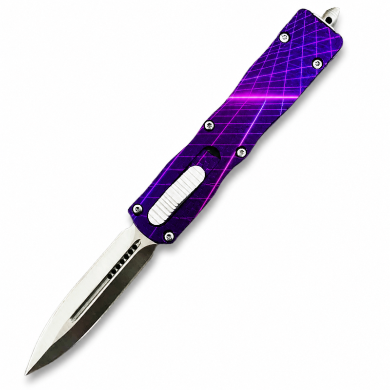 Violet Neon Grid Small Tactical OTF Knife full-handle product view