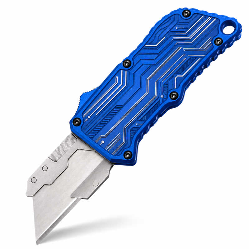 Electric Blue Circuit Geometry OTF Box Cutter full-handle product view