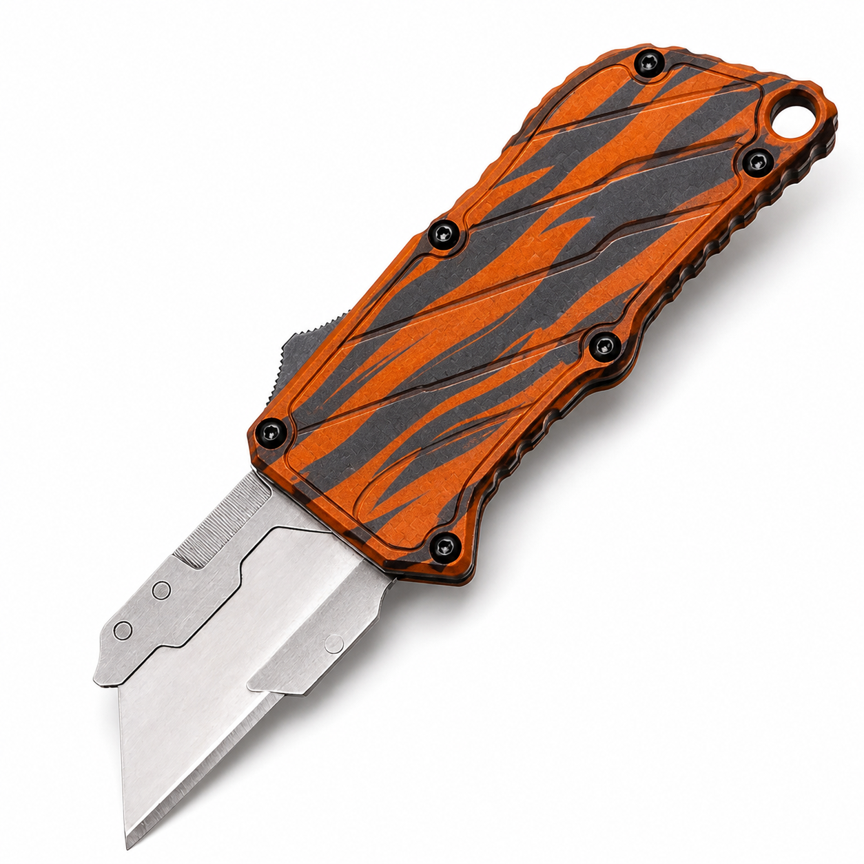 Orange Graphite Tiger OTF Box Cutter Orange Graphite Tiger OTF Box Cutter full-handle product view