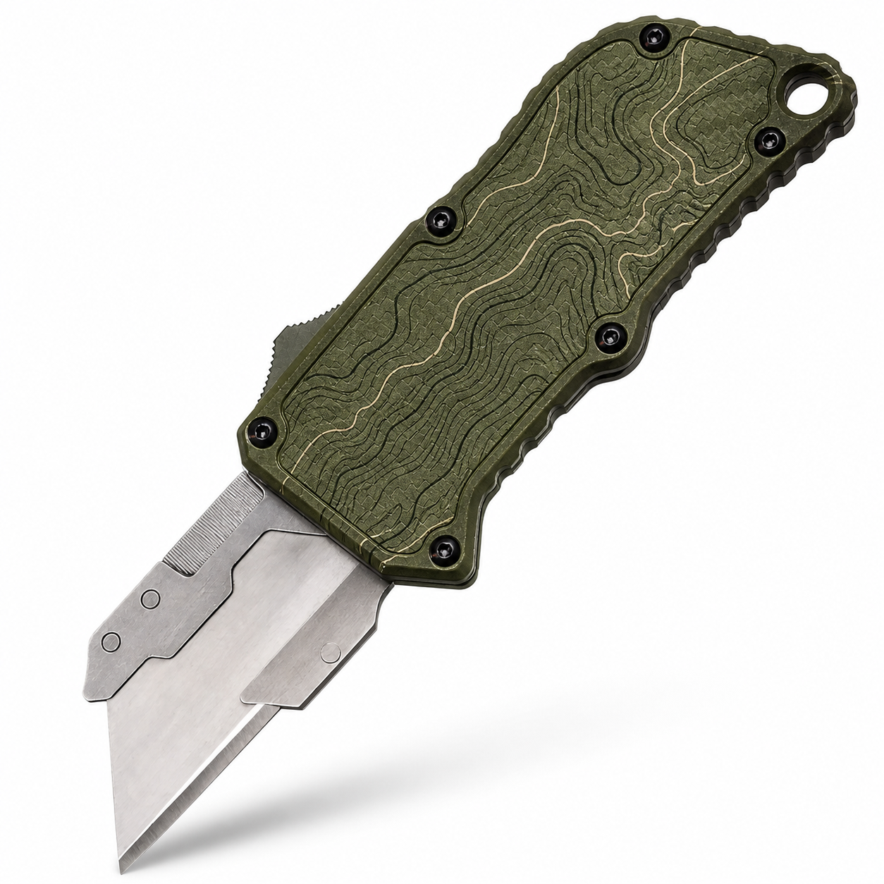 Ranger Olive Topographic OTF Box Cutter Ranger Olive Topographic OTF Box Cutter full-handle product view
