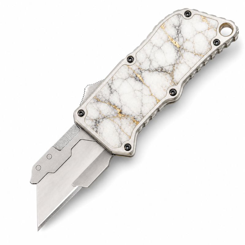 White Gold Marble OTF Box Cutter full-handle product view