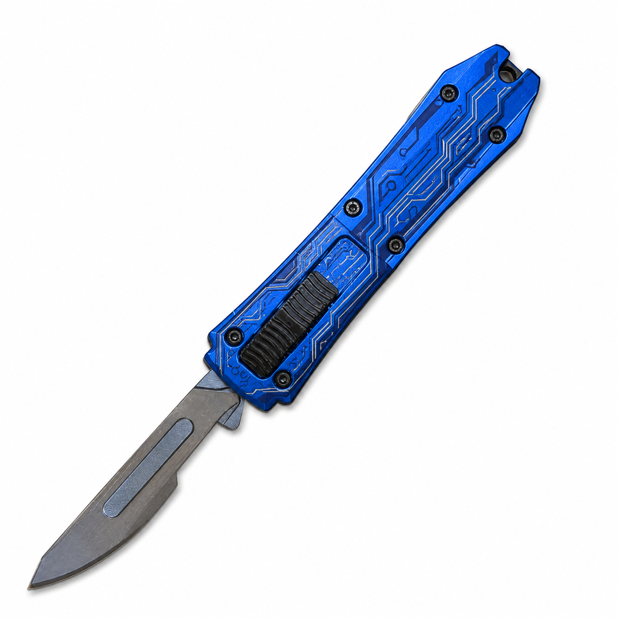 Electric Blue Circuit Geometry Mini Removable-Blade OTF Scalpel Electric Blue Circuit Geometry Mini Removable-Blade OTF Scalpel full-handle product view