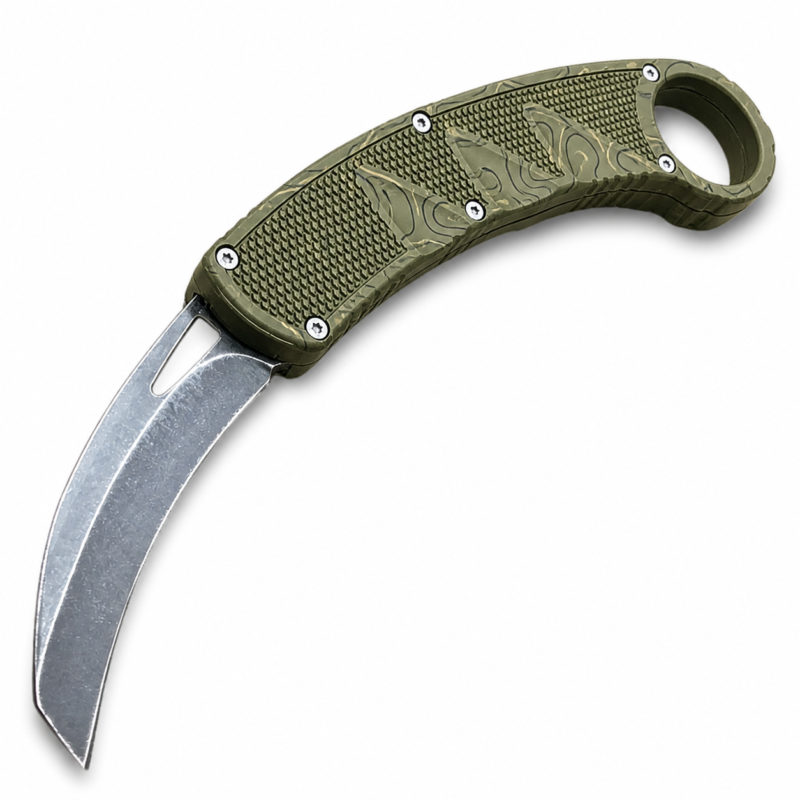 Ranger Olive Topographic Raptor-Claw Auto OTF Karambit full-handle product view