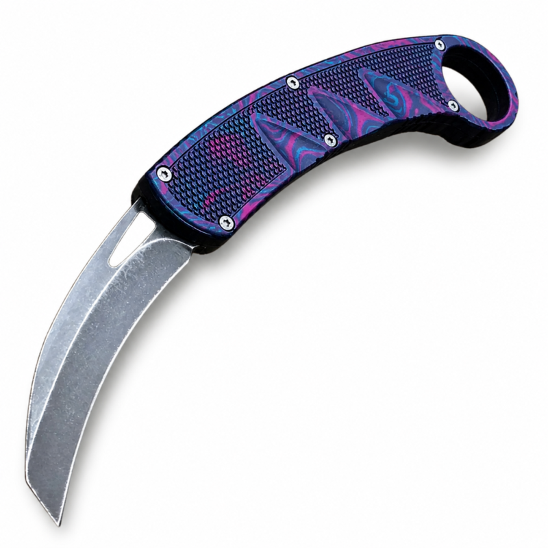Rose Cyan Wave Raptor-Claw Auto OTF Karambit full-handle product view