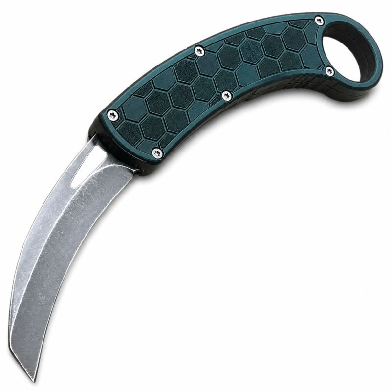 Teal Black Hex Raptor-Claw Auto OTF Karambit full-handle product view
