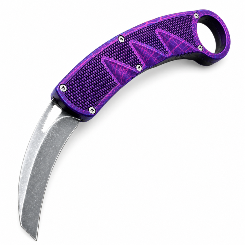 Violet Neon Grid Raptor-Claw Auto OTF Karambit full-handle product view