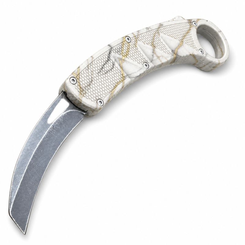 White Gold Marble Raptor-Claw Auto OTF Karambit full-handle product view