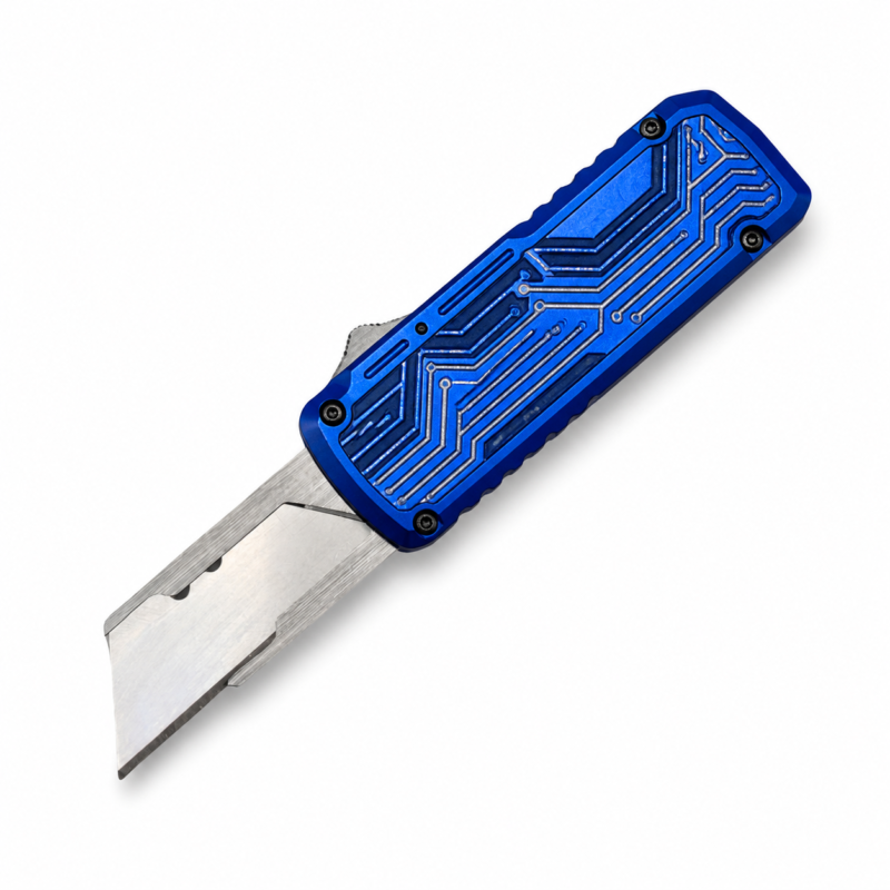 Electric Blue Circuit Geometry Retractable OTF Utility Knife full-handle product view