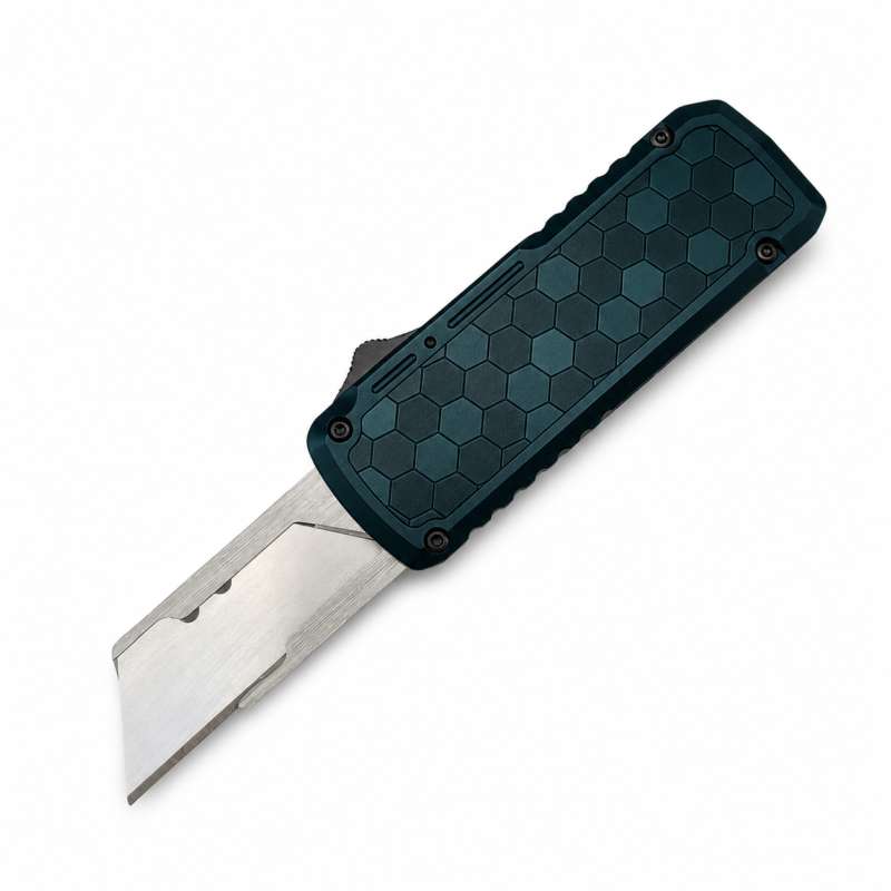 Teal Black Hex Retractable OTF Utility Knife full-handle product view
