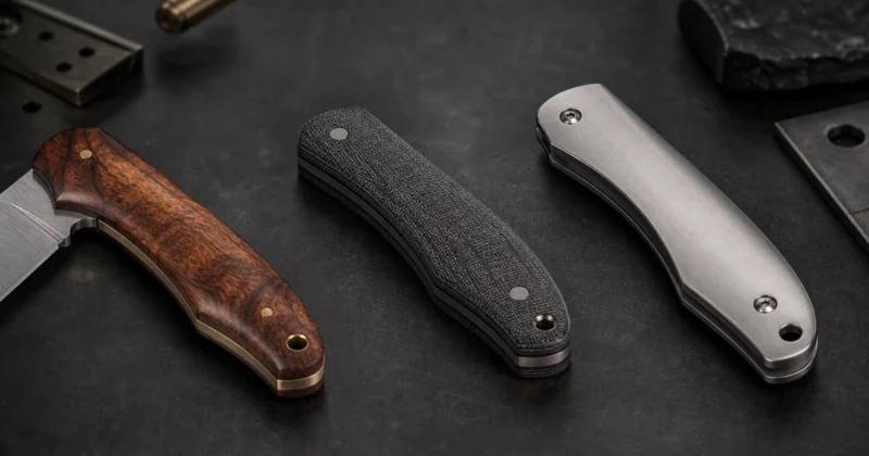 Wood, black Micarta, and brushed steel knife handles compared on a dark workbench