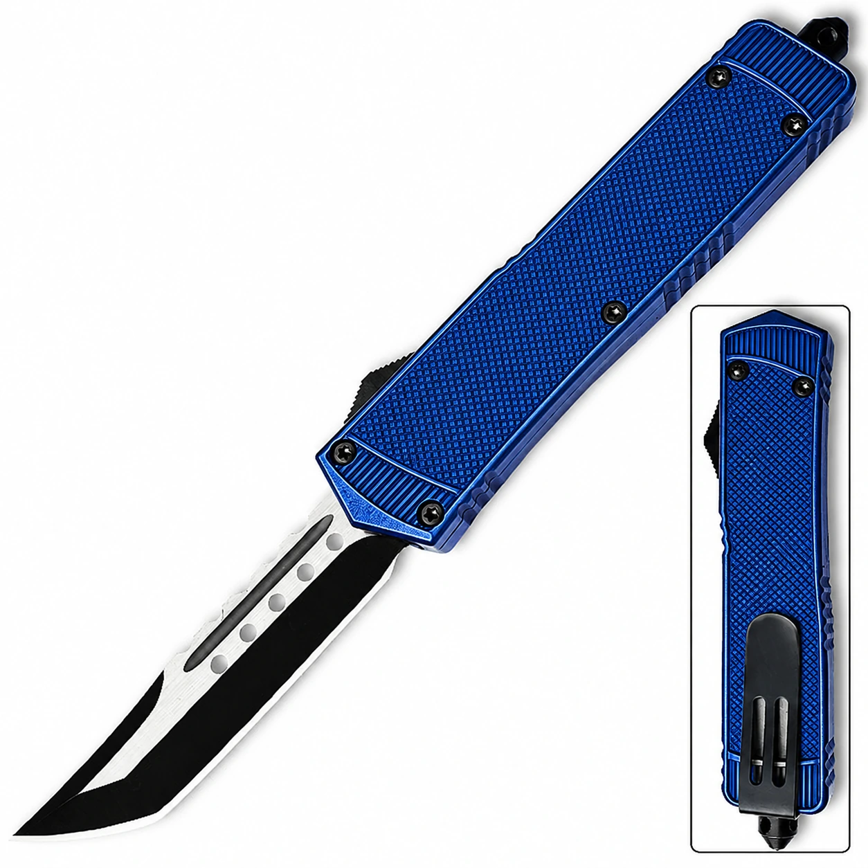 Cobalt Blue Crosshatch Tanto OTF Automatic Knife image Cobalt Blue crosshatch Tanto OTF automatic knife with black and silver blade
