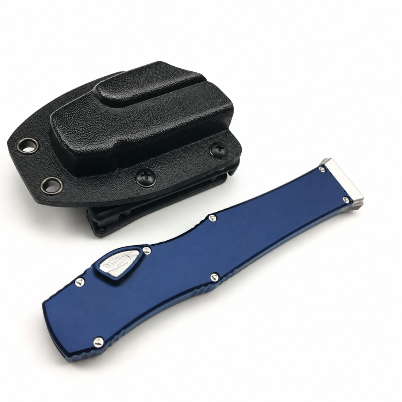 Navy Blue plain handle OTF automatic knife with black molded sheath