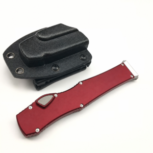 Burgundy Red plain handle OTF automatic knife with black molded sheath