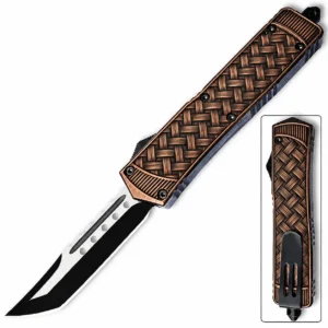 Burnished Copper Geometric Weave Tanto OTF Knife
