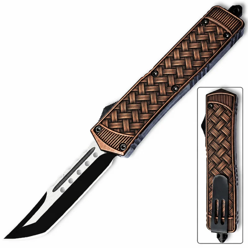 Burnished Copper geometric weave Tanto OTF automatic knife with black and silver blade