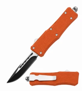 Burnt Orange crosshatch compact OTF automatic knife with black blade