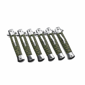 Moss Black Brass Morse Dashes slim OTF automatic knife with rounded end caps and central slider