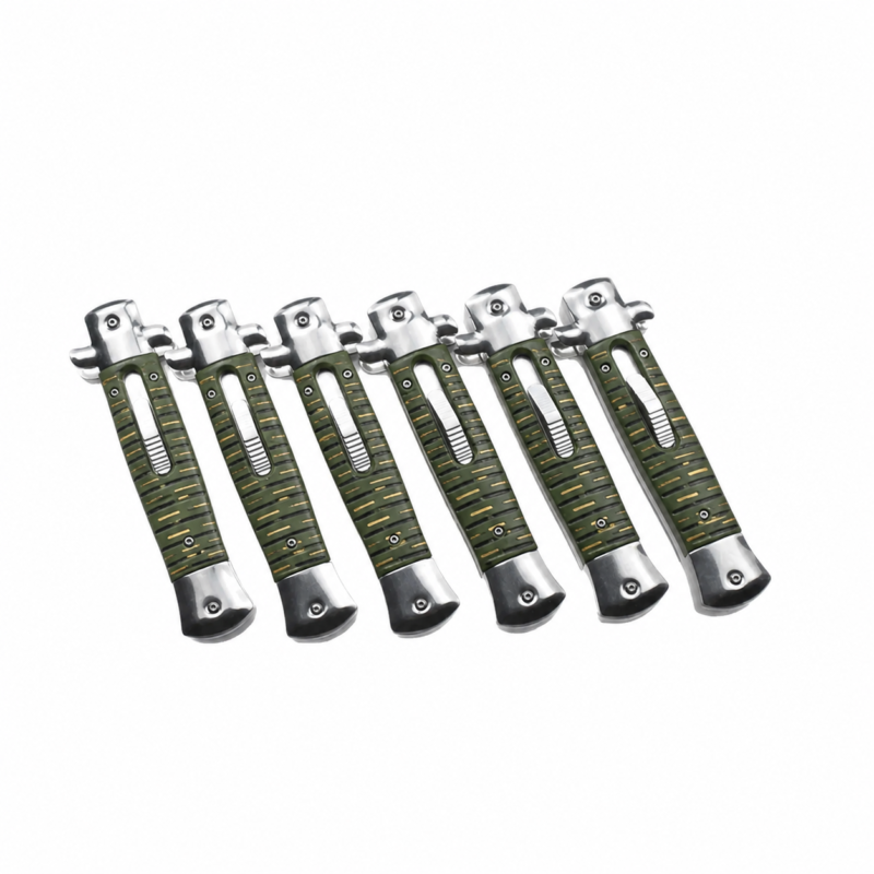 Moss Black Brass Morse Dashes slim OTF automatic knife with rounded end caps and central slider