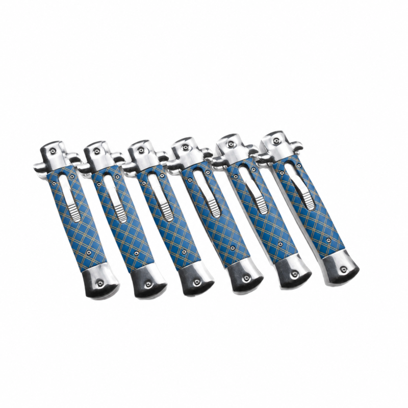 Cerulean Ochre Woven Trellis slim OTF automatic knife with rounded end caps and central slider