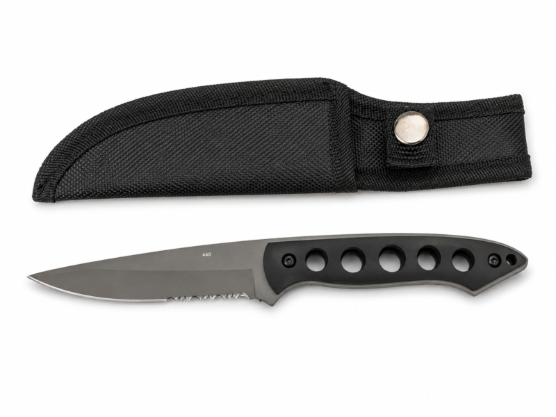 440 skeleton-handle fixed blade with partial serrations and black nylon sheath