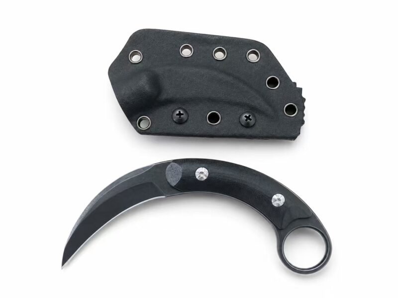 Black handle karambit with curved blade and belt-clip sheath