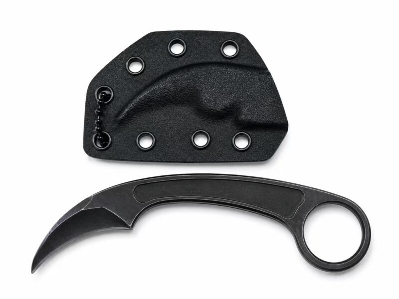 Black one-piece karambit with molded sheath and neck chain