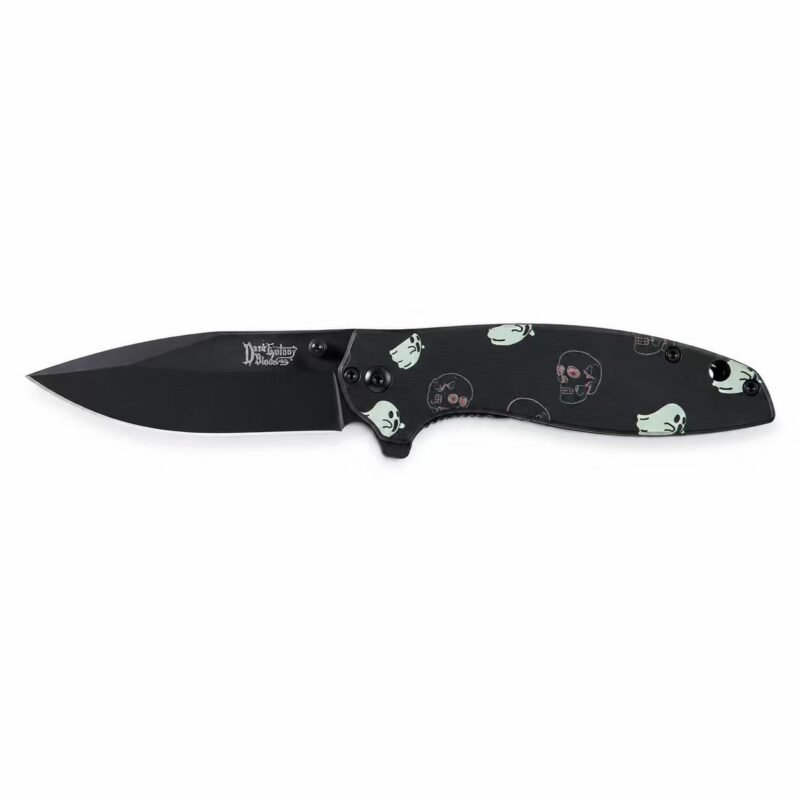 Dark Fantasy folding knife with black blade and skull graphic handle
