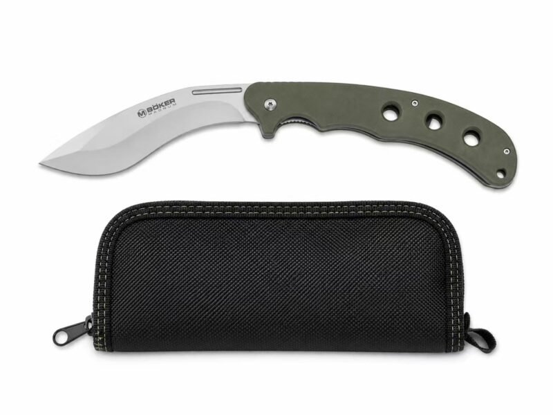 Large recurve folding knife with olive handle and black zippered pouch