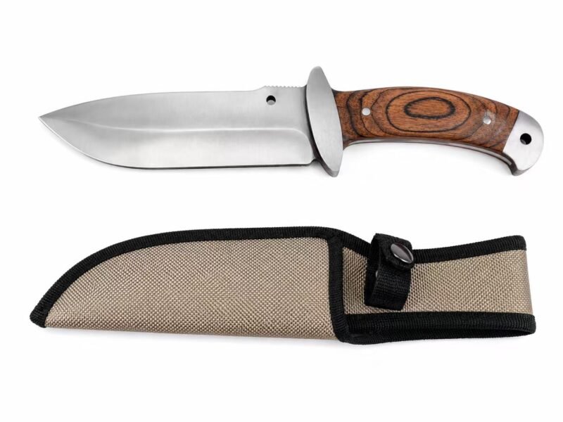 Large cleaver-style fixed blade with wood-look handle and tan nylon sheath