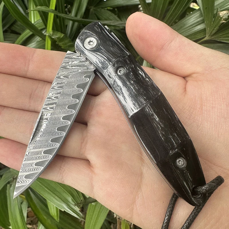 2026 New Design CNC VG10 Damascus Outdoor Folding Knife Survival Knife a Bamboo-shaped African Horn Handle for Camping - product view 3